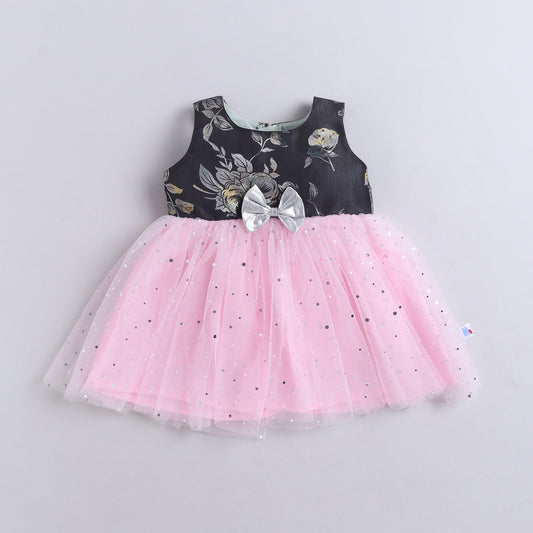 Many Frocks & Sequin Net Sleeveless Foil Printed Bow Embellished Knee Length Baby Party Dress-Pink & Grey