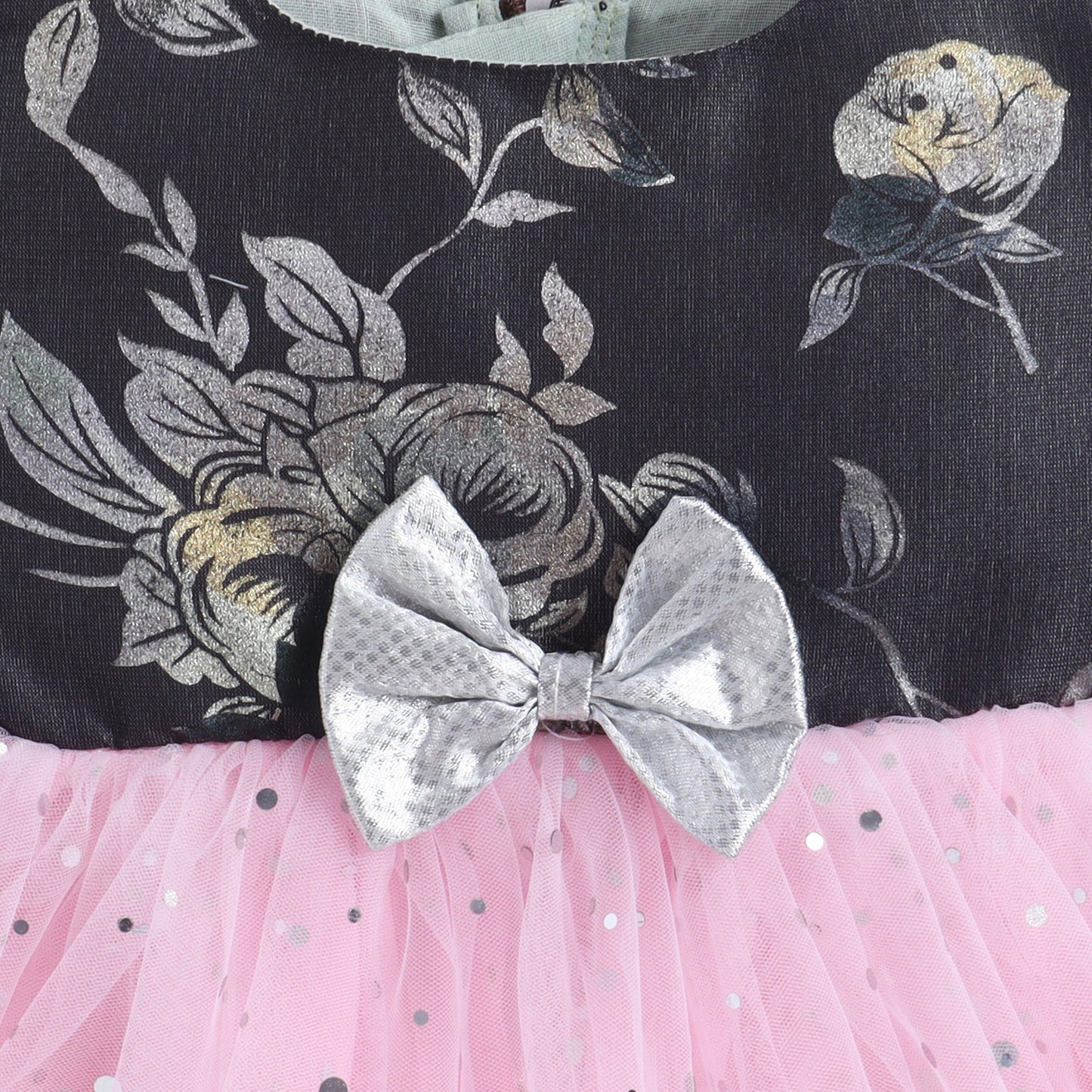 Many Frocks & Sequin Net Sleeveless Foil Printed Bow Embellished Knee Length Baby Party Dress-Pink & Grey