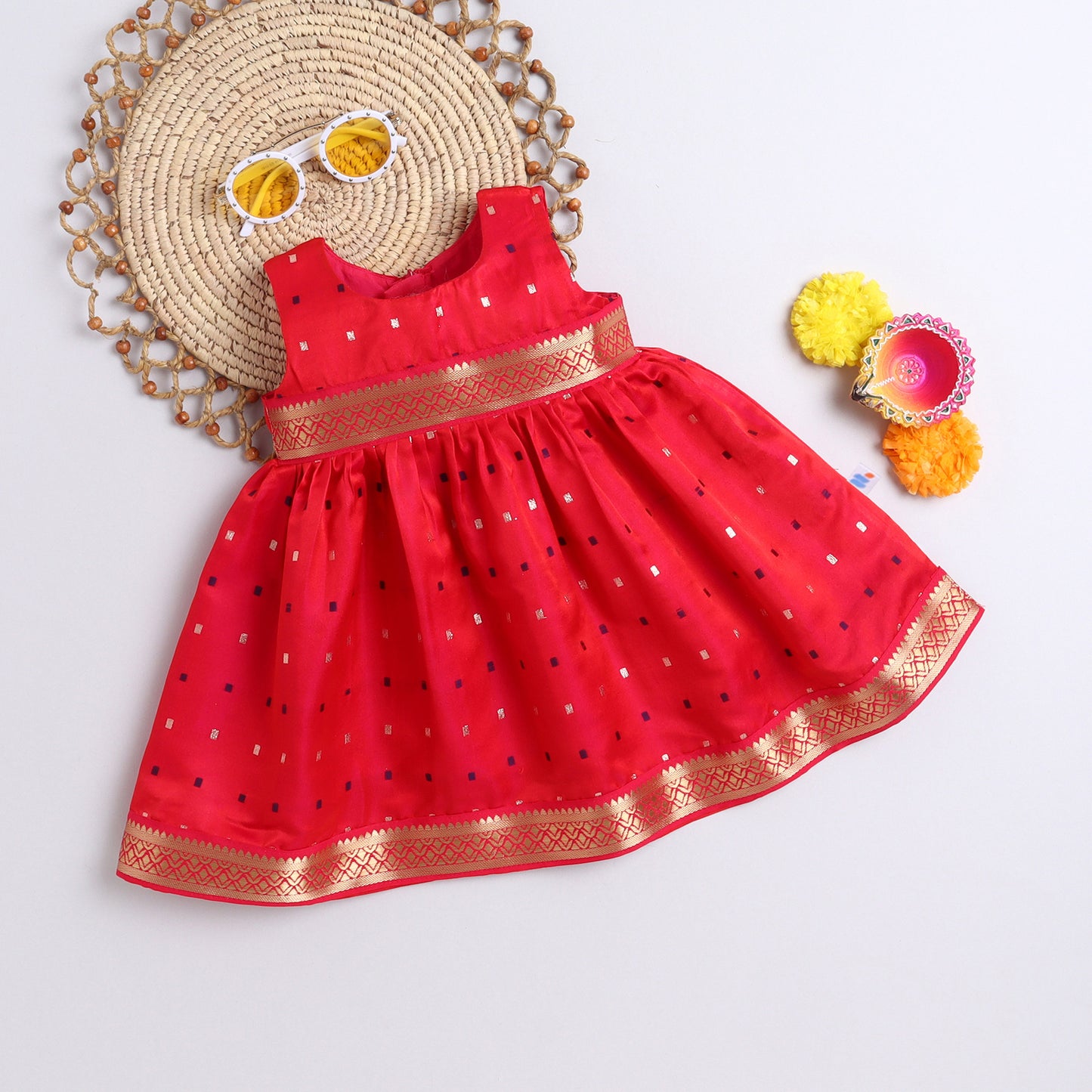 Many Frocks & sleeveless woven boti double lace embellished ethnic dress- pink