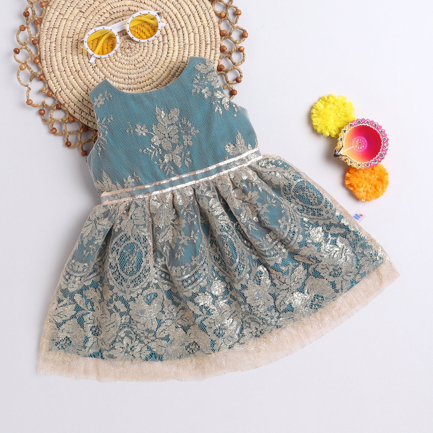 Many Frocks & net sleeveless golden flowers and lace embellished ethnic dress- green