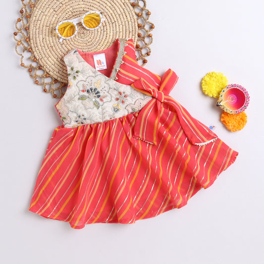 Many Frocks & georgette sleeveless lace embellished overlapping sequin work patch koti ethnic dress- peach
