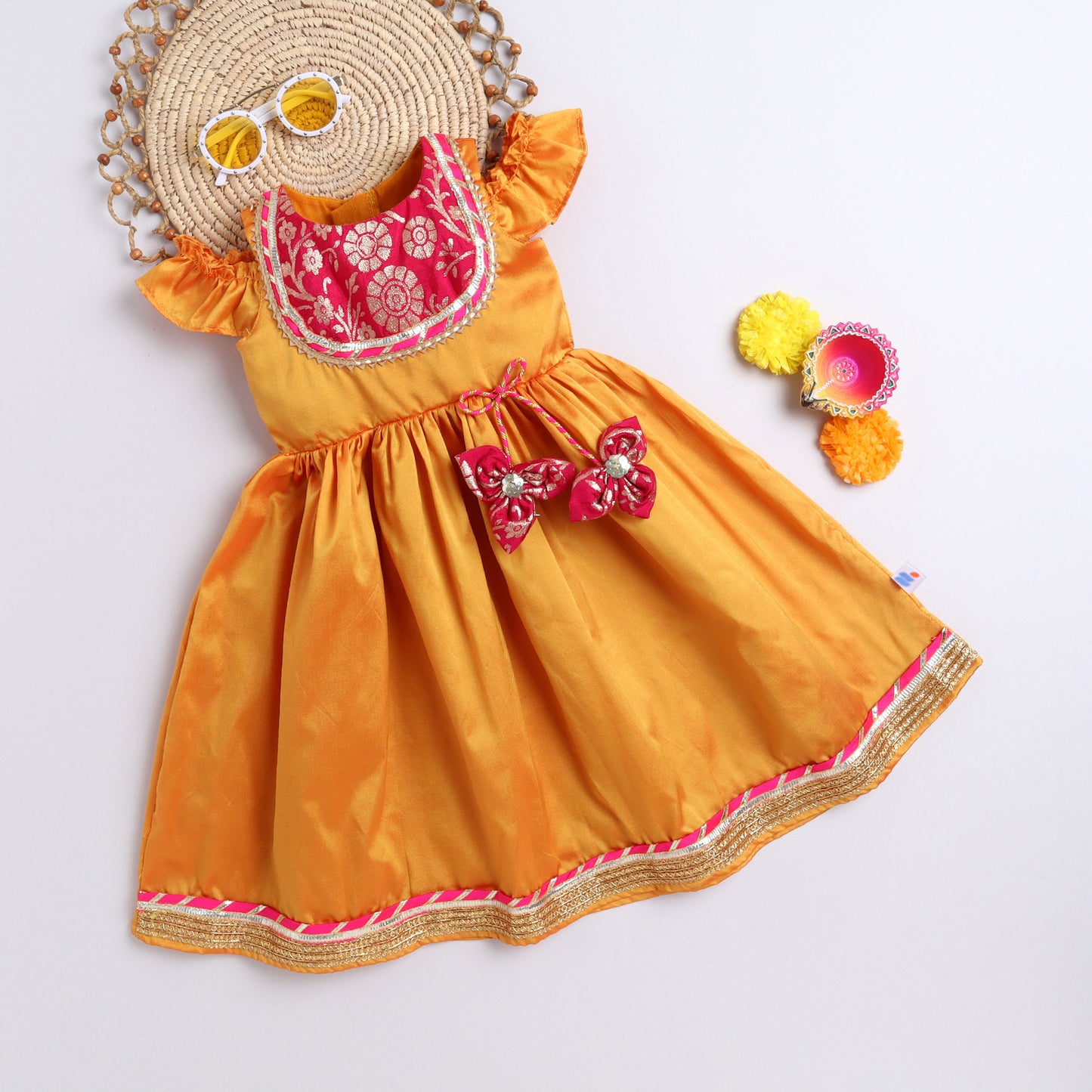 Many Frocks &  cold shoulder lace and latkan embellished ethnic gown- mustard