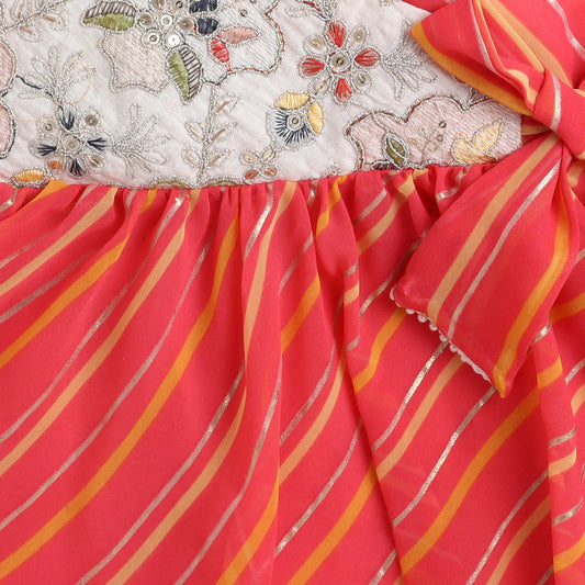 Many Frocks & georgette sleeveless lace embellished overlapping sequin work patch koti ethnic dress- peach