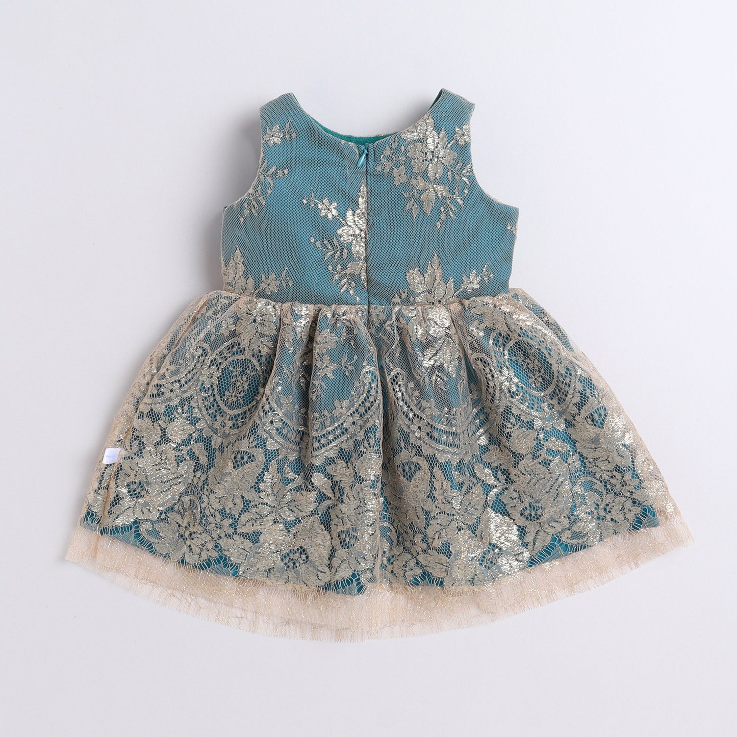 Many Frocks & net sleeveless golden flowers and lace embellished ethnic dress- green