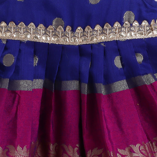Many Frocks & handloom cotton sleeveless woven boti lace embellished ethnic dress - Blue & Purple