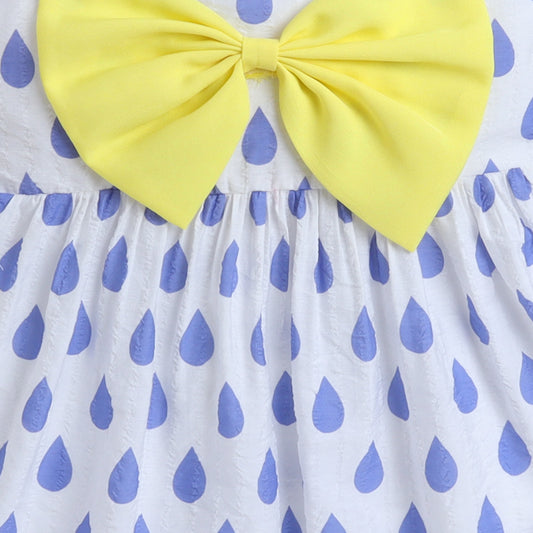 Many Frocks & crepe sleeveless knee length rain drop printed with big bow causal dress - White & Blue