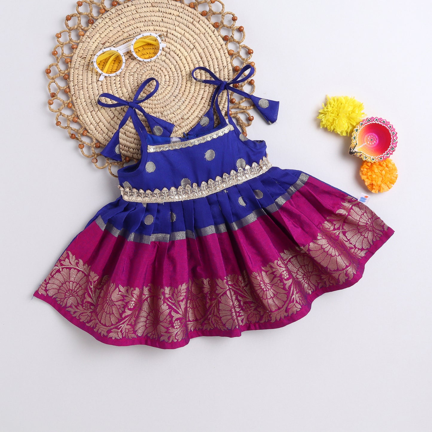 Many Frocks & handloom cotton sleeveless woven boti lace embellished ethnic dress - Blue & Purple