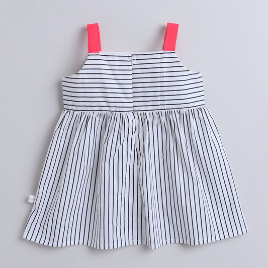 Many Frocks & Cotton Sleeveless Striped Printed With Bow Knee Length Kids Causal Dress -White & Black