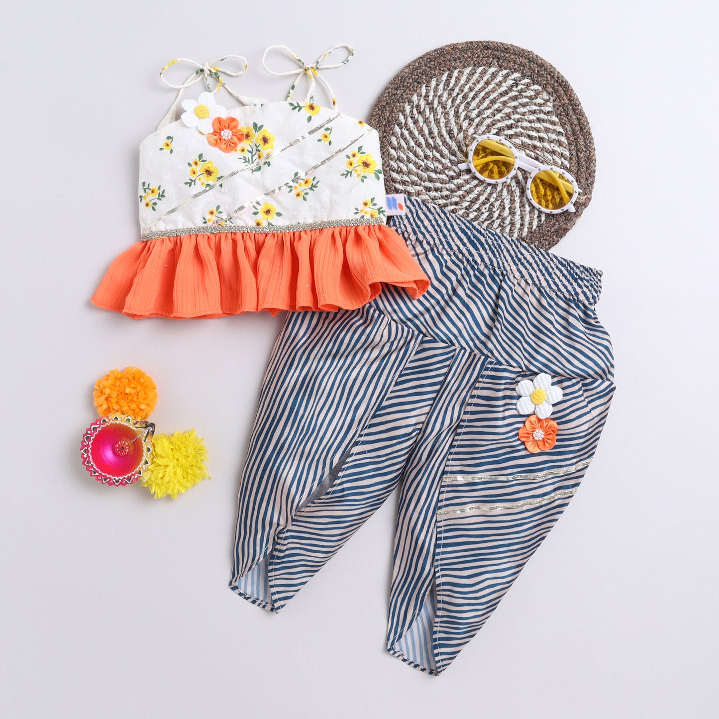 Many Frocks & cotton sleeveless floral printed  flower embellished top and dhoti  set- Cream & Blue