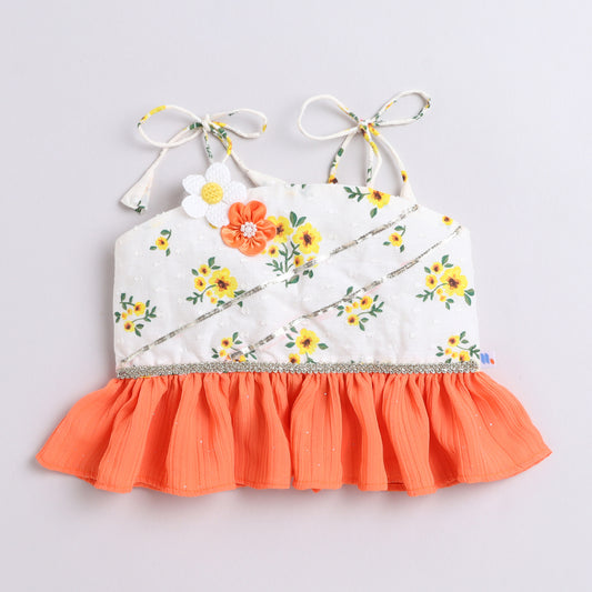 Many Frocks & cotton sleeveless floral printed flower embellished top and dhoti set- Cream & Blue