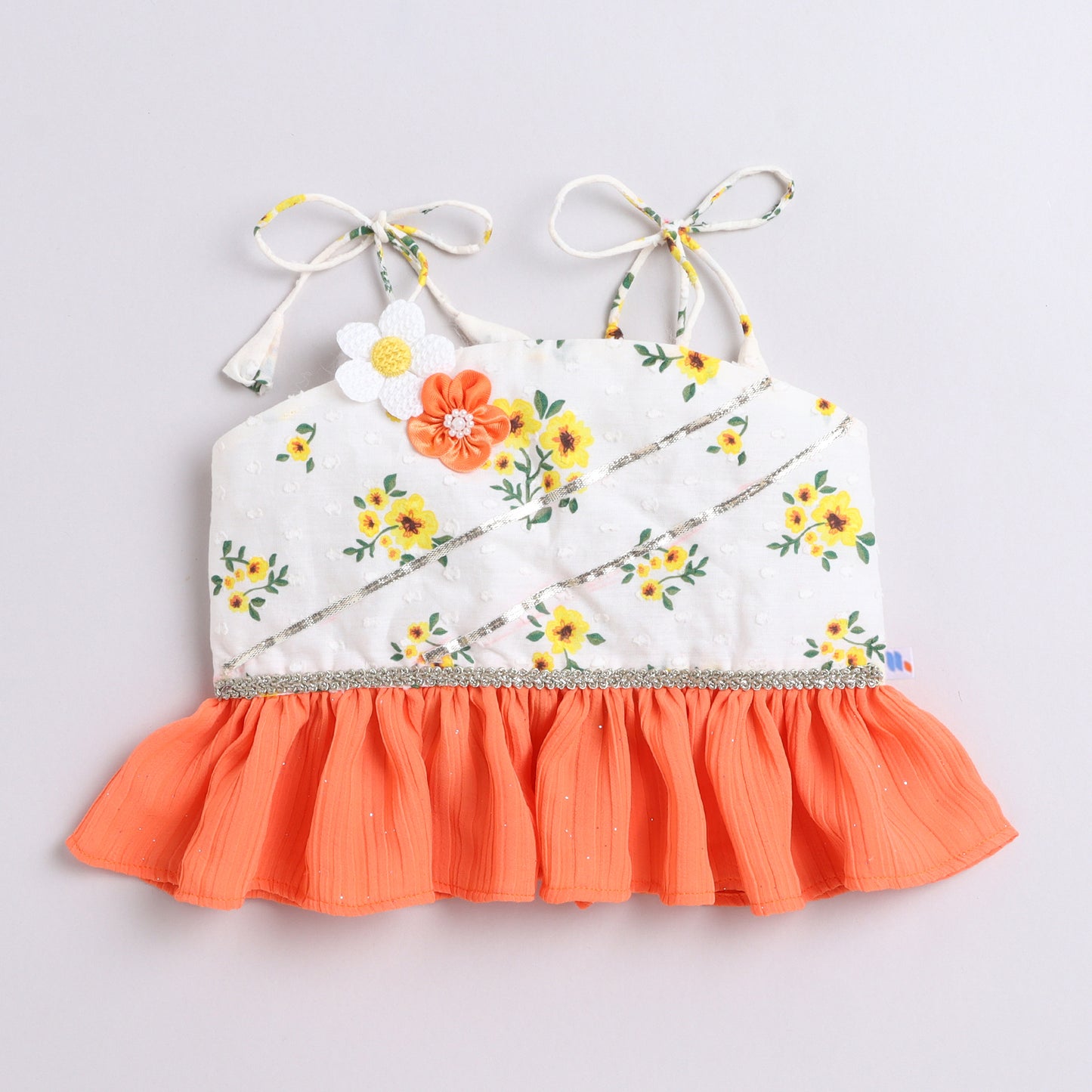 Many Frocks & cotton sleeveless floral printed  flower embellished top and dhoti  set- Cream & Blue