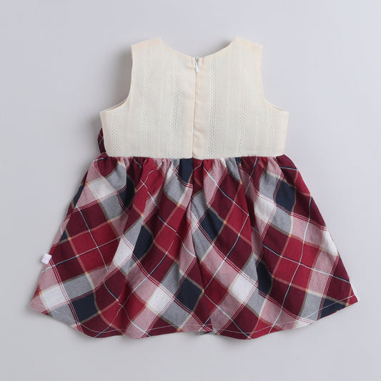 Many Frocks &  cotton sleeveless knee length checks printed with bow embellished girls causal dress - Cream & Red