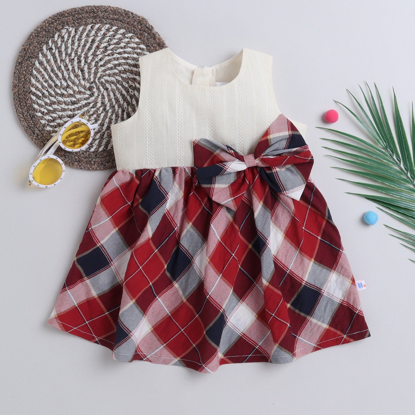 Many Frocks &  cotton sleeveless knee length checks printed with bow embellished girls causal dress - Cream & Red