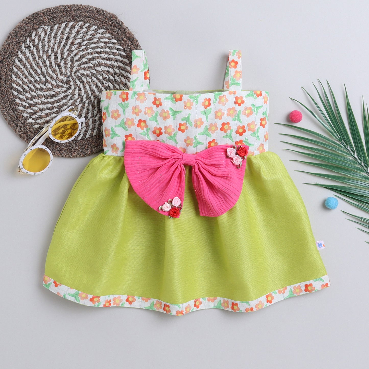 Many Frocks &  sleeveless knee length floral printed with big bow girls Party dress - Green