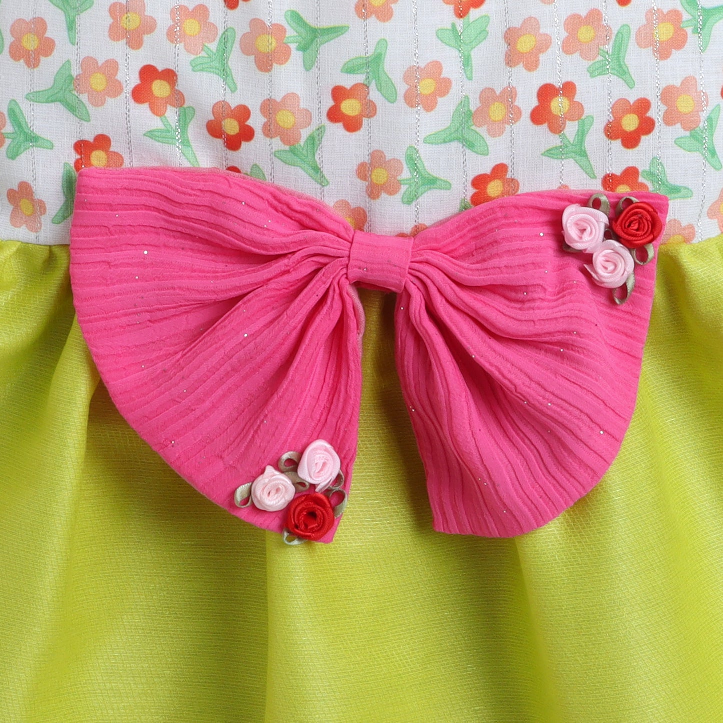 Many Frocks & Sleeveless Knee Length Floral Printed With Big Bow Knee Length Girls Party Dress - Green