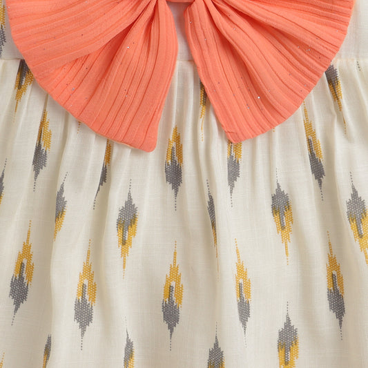 Many Frocks & reyon sleeveless knee length ikat printed big bow girls causal dress - Cream & Yellow