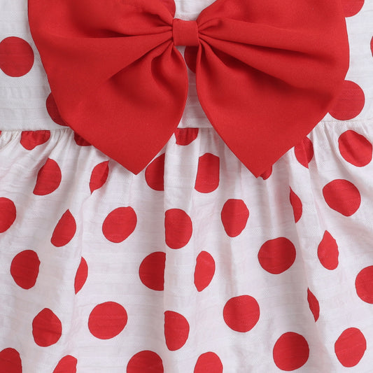 Many Frocks & crepe sleeveless knee length big bow polka dot girls causal dress - White & Red
