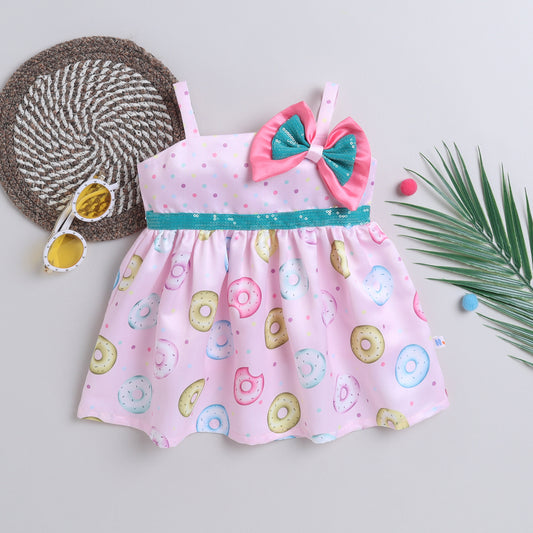 Many Frocks &  satin sleeveless knee length polka dot & donut printed with bow girls causal dress - Light Pink