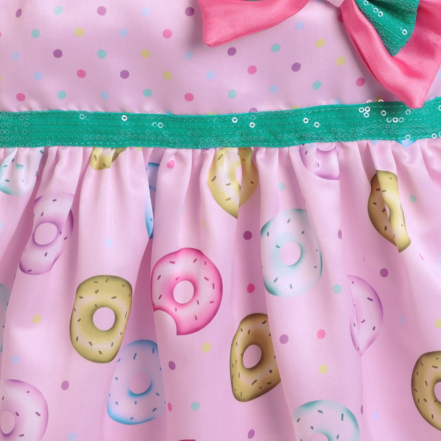 Many Frocks &  satin sleeveless knee length polka dot & donut printed with bow girls causal dress - Light Pink