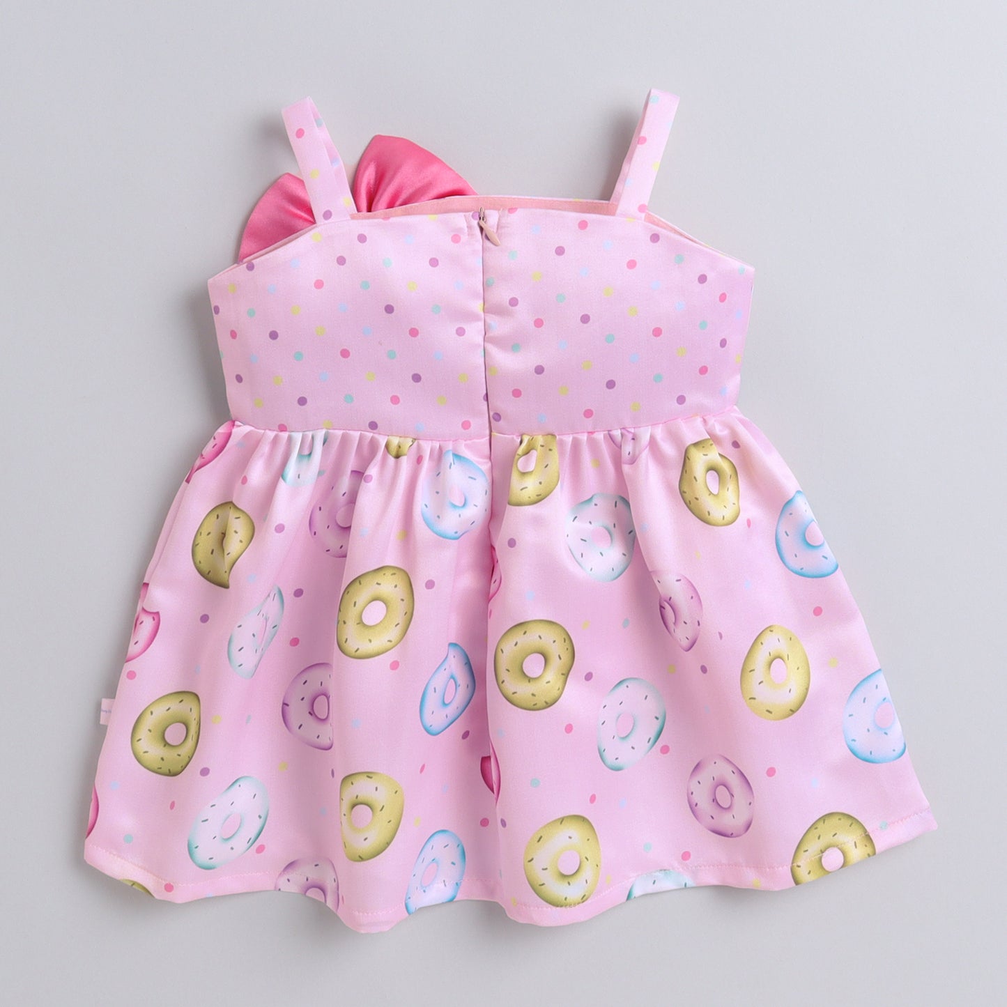 Many Frocks &  satin sleeveless knee length polka dot & donut printed with bow girls causal dress - Light Pink