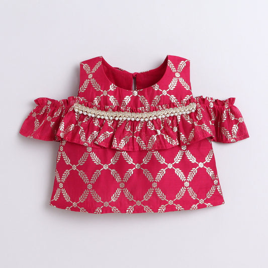 Many Frocks & chanderi and net cold shoulder sleeves flower embellished lehenga choli set- Pink & Blue