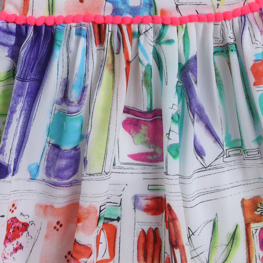 Many Frocks & georgette sleeveless knee length flower pot drawing printed girls causal dress - Multicolour