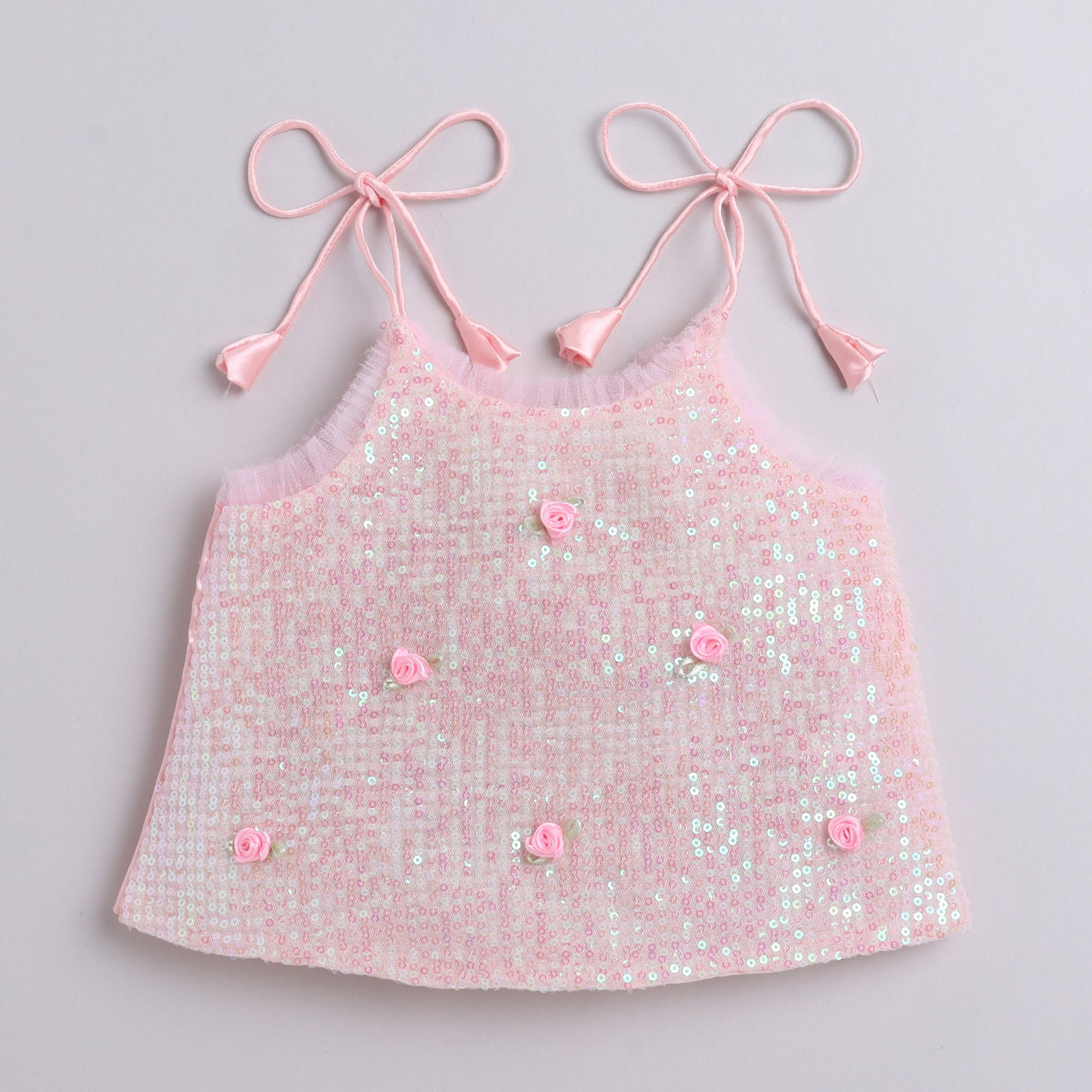 Many Frocks & sequins and georgette sleeveless handmade rose embellished top & palazzo  set - pink