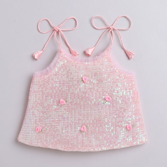 Many Frocks & sequins and georgette sleeveless handmade rose embellished top & palazzo  set - pink