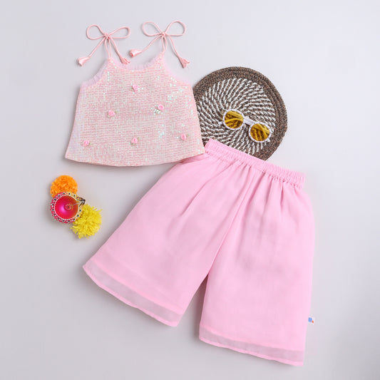 Many Frocks & sequins and georgette sleeveless handmade rose embellished top & palazzo  set - pink