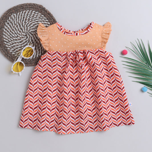 Many Frocks &  cotton flutter sleeve knee length chevron printed girls causal dress - Peach