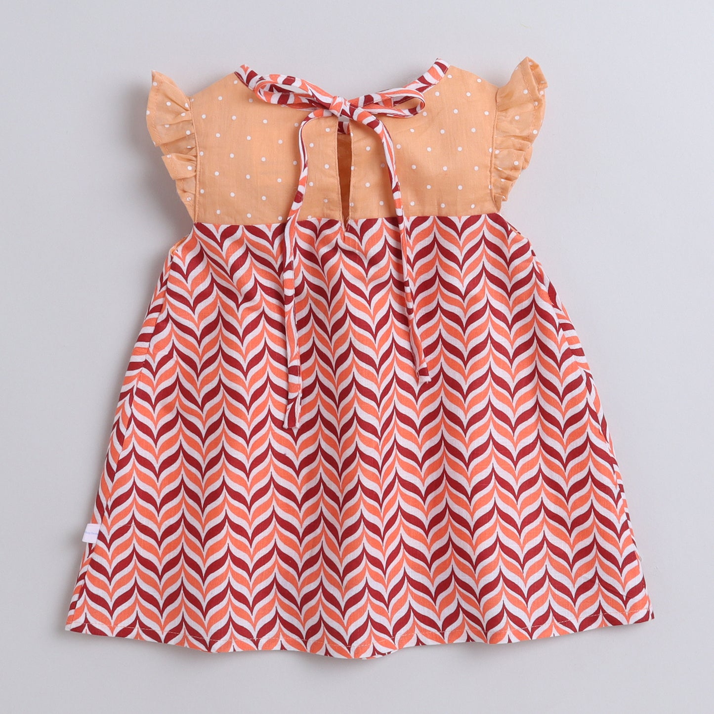 Many Frocks &  cotton flutter sleeve knee length chevron printed girls causal dress - Peach