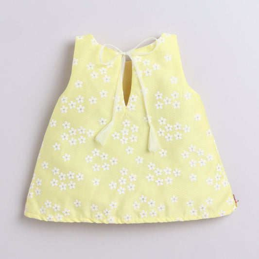 Many Frocks & georgette sleeveless 3D flower & Lace embellished top palazzo & dupatta set - pink and yellow