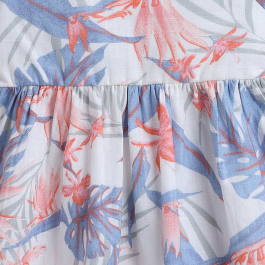 Many Frocks & Cotton half sleeve knee length floral printed girls causal dress - White & Blue