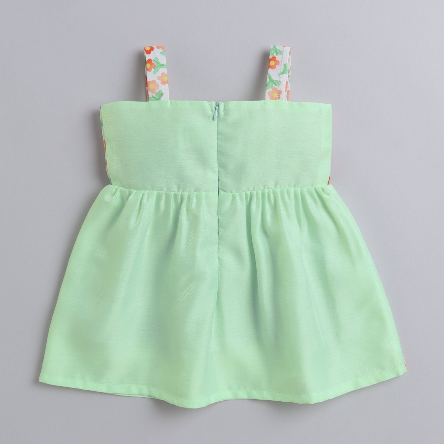 Many Frocks &  sleeveless knee length floral printed with big bow girls Party dress - light Green