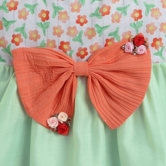 Many Frocks & sleeveless knee length floral printed with big bow girls Party dress - light Green