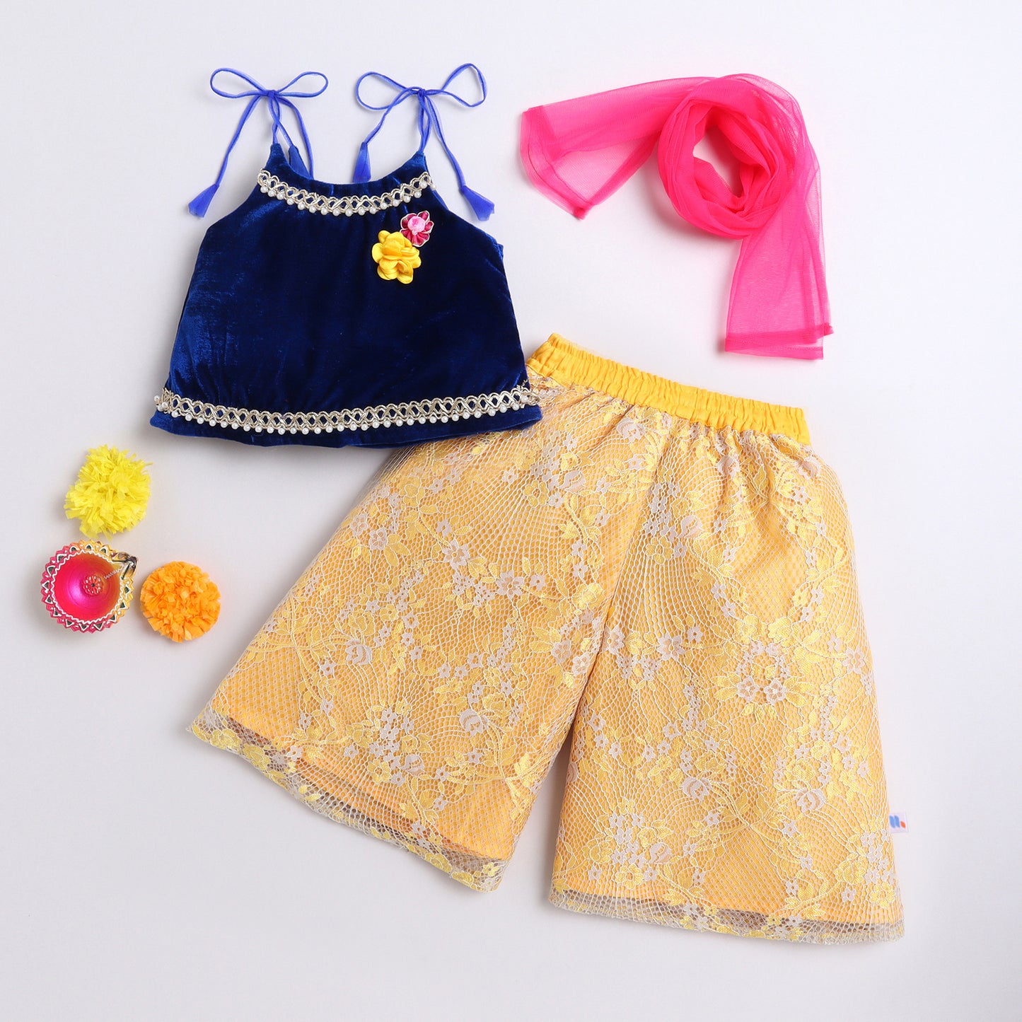 Many Frocks & velvet & net sleeveless  lace and flower embellished palazzo top dupatta ethnic set- yellow and blue