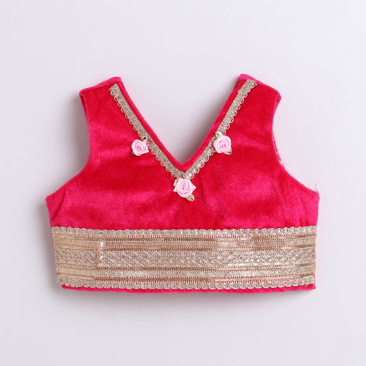 Many Frocks & velvet and satin sleeveless lace & handmade rose embellished floral printed lehenga choli dupatta set-pink