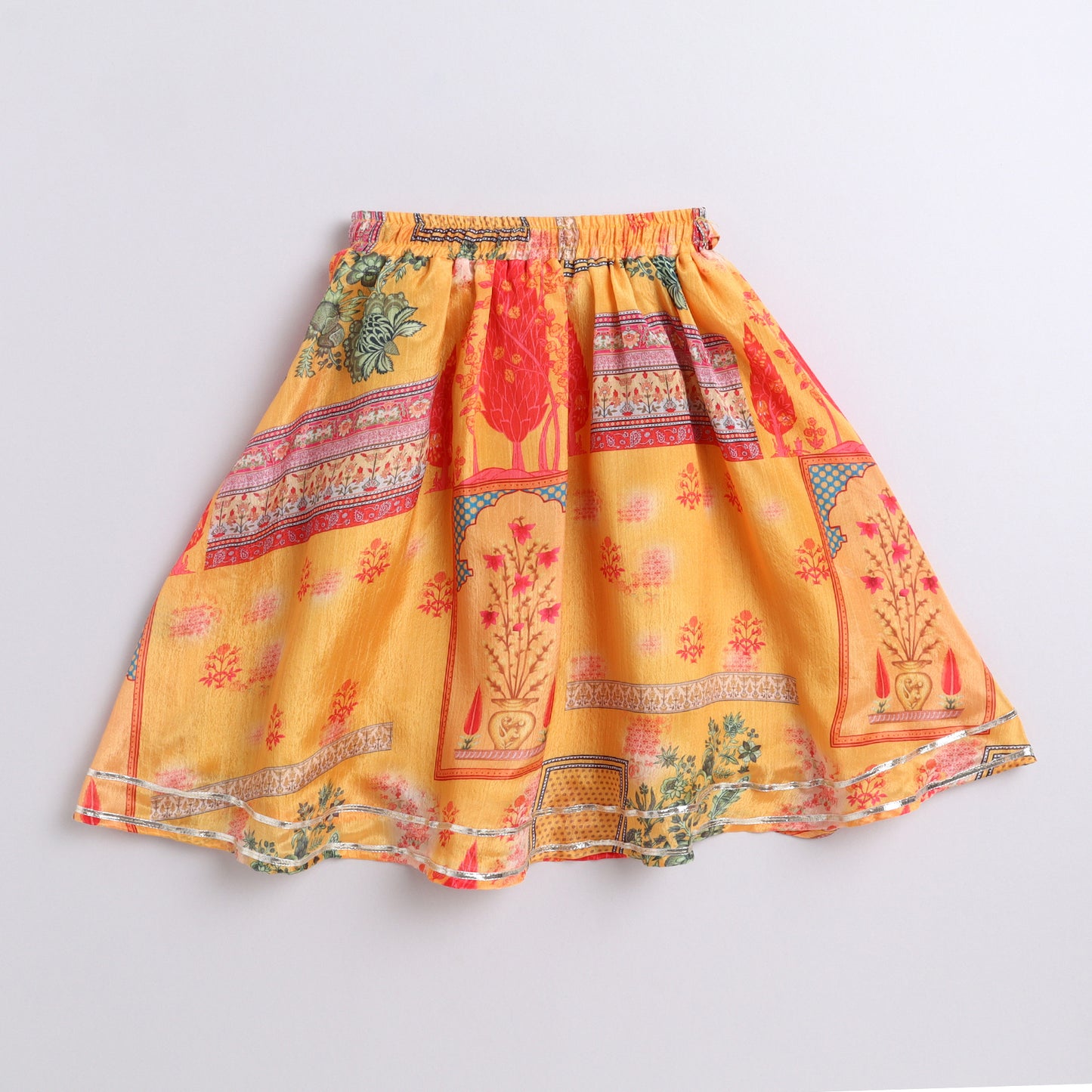 Many Frocks & sleeveless gota patti embellished printed lehenga choli dupatta ethnic set- mustard