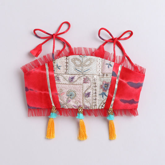 Many Frocks & georgette sleeveless tie and dye embroidered lengha choli dupaatta set- red