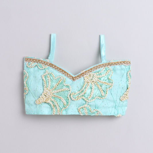 Many Frocks & satin sleeveless lace embellished flower embroidered lehenga choli dupatta set- sea green