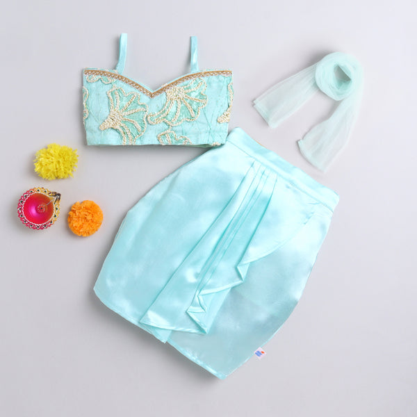 Many Frocks & satin sleeveless lace embellished flower embroidered  lehenga choli dupatta  set- sea green