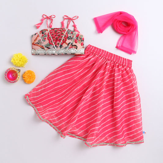 Many Frocks & cotton & georgette leheriya sleeveless gota work embellished lengha choli dupatta set- pink