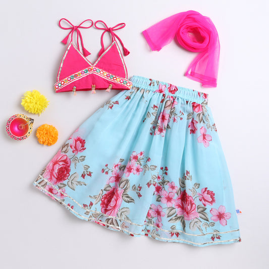 Many Frocks & rayon and georgette sleeveless lace embellished floral printed lehenga choli dupatta set - Pink & Blue