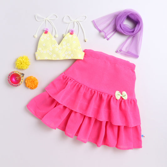 Many Frocks & georgette  sleeveless handmade rose  and bow embellished lehenga choli dupatta set - pink and yellow