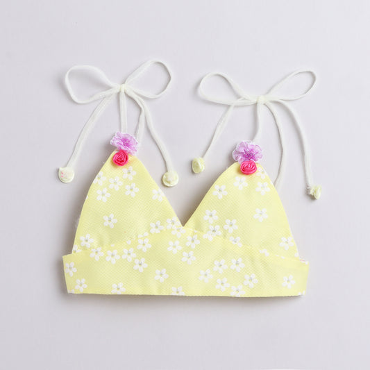 Many Frocks & georgette sleeveless handmade rose and bow embellished lehenga choli dupatta set - pink and yellow