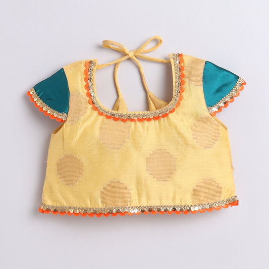 Many Frocks & chanderi and brocade cap sleeve lace embellished lehenga choli dupatta set - Yellow & Green