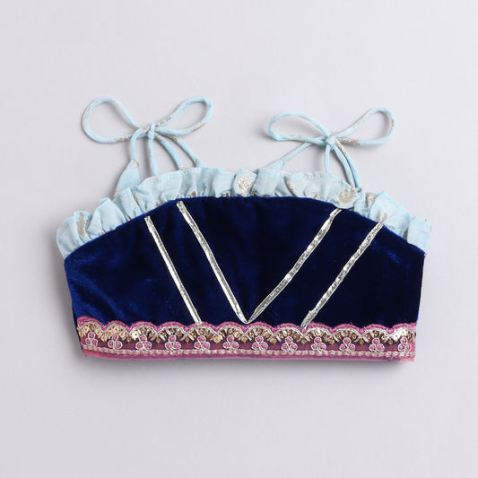 Many Frocks & velvet and chanderi sleeveless lace and latkan embellished ethnic lehenga choli dupatta ethnic set- blue