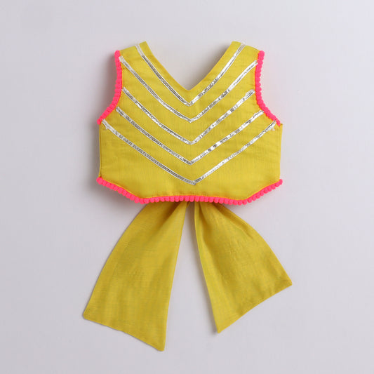 Many Frocks & chanderi and satin sleeveless lace and latkan embellished flower printed lehenga choli dupatta set- pink and yellow