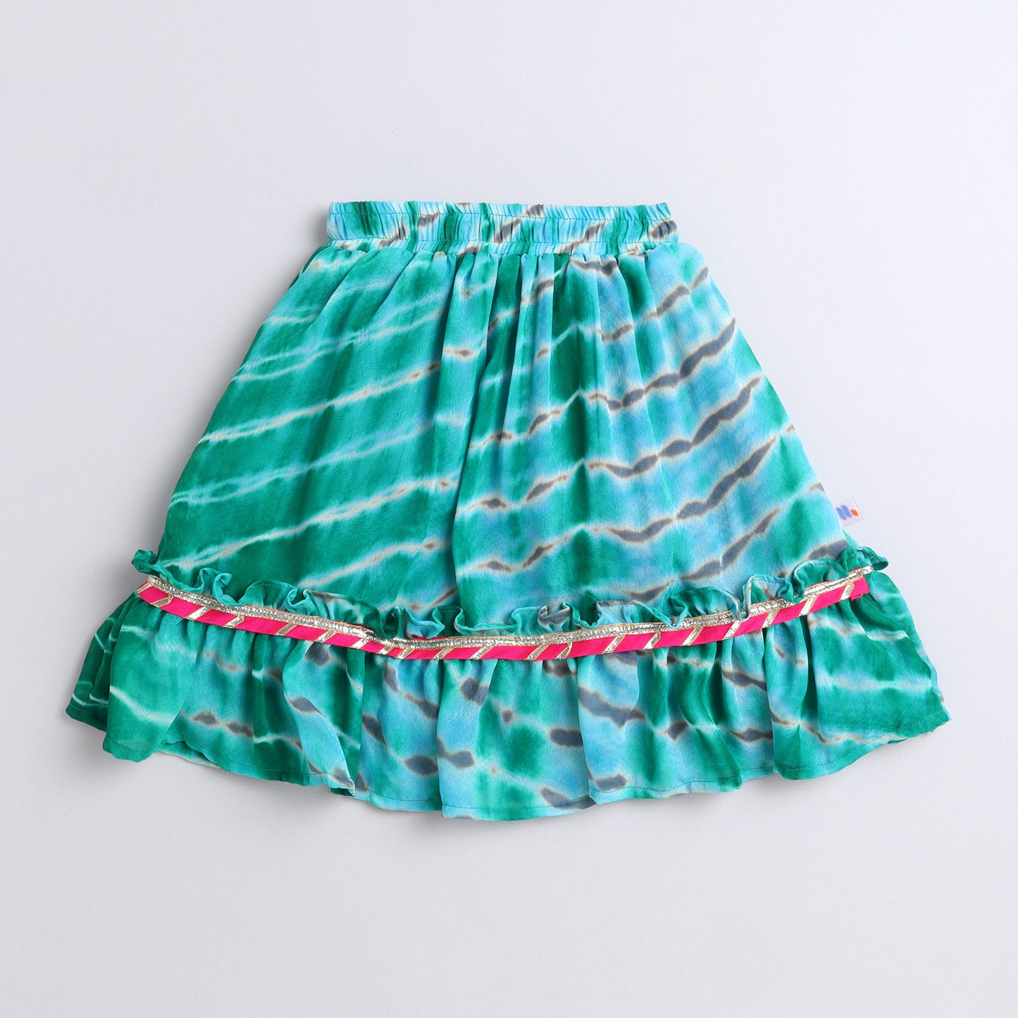 Many Frocks & georgette sleeveless tie and dye embroidered lengha choli dupatta set- Green