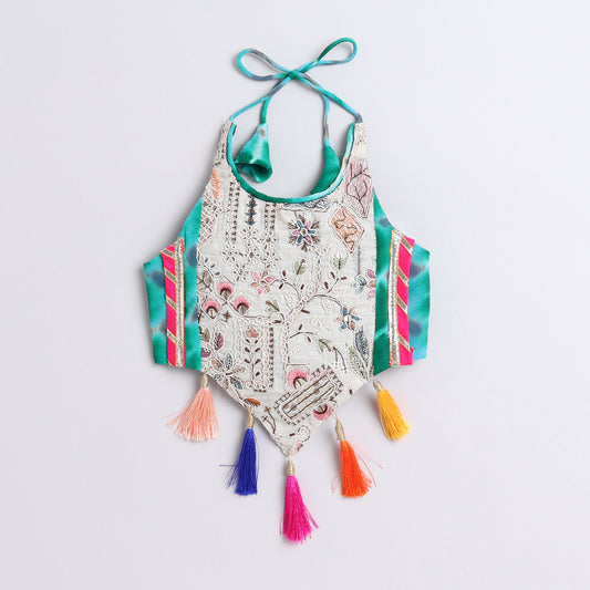 Many Frocks & georgette sleeveless tie and dye embroidered lengha choli dupatta set- Green